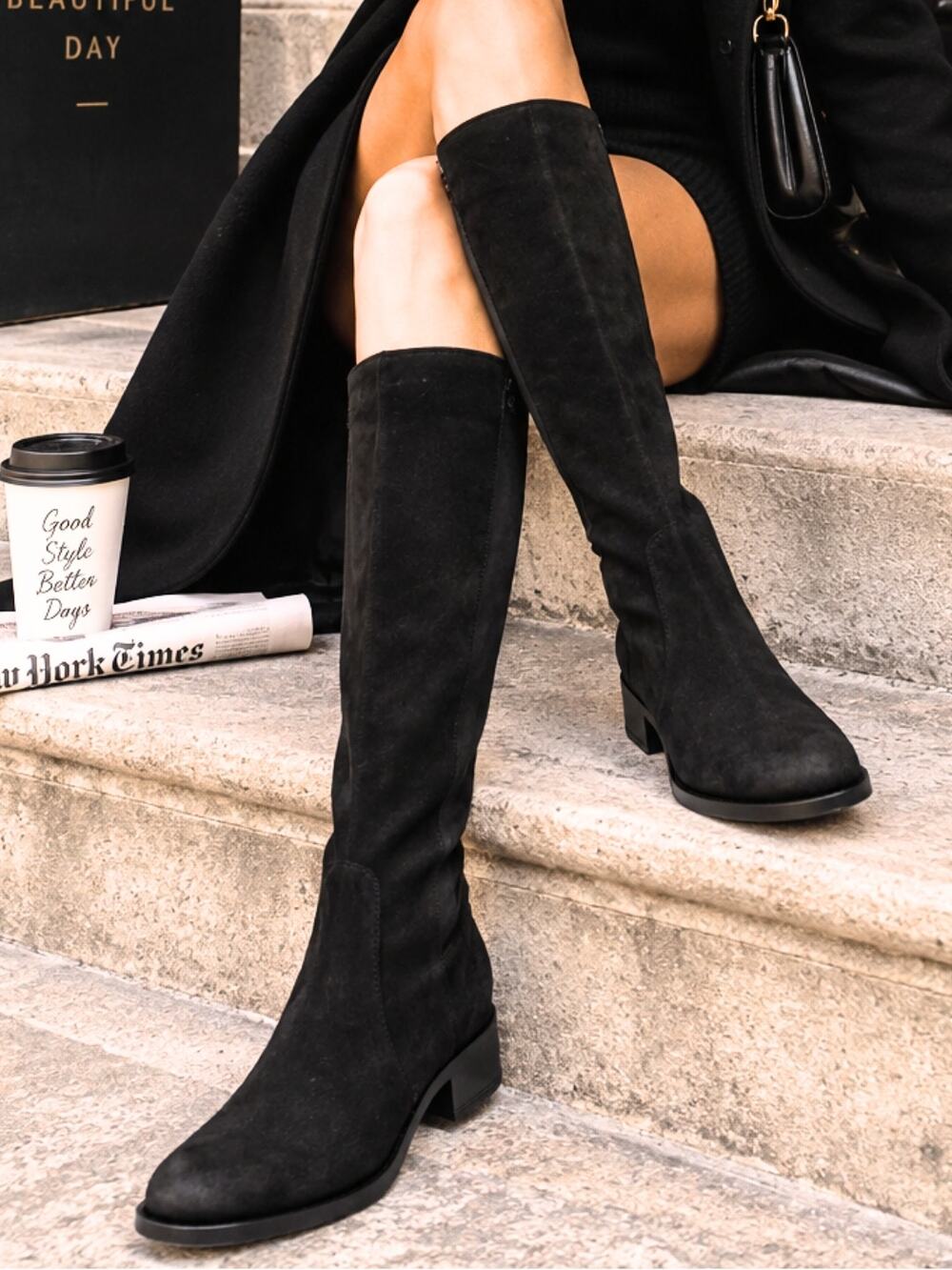 Bos. & Co. Black Genuine Suede Knee High Boots Stretch Low Heel 5.5 Fall Winter